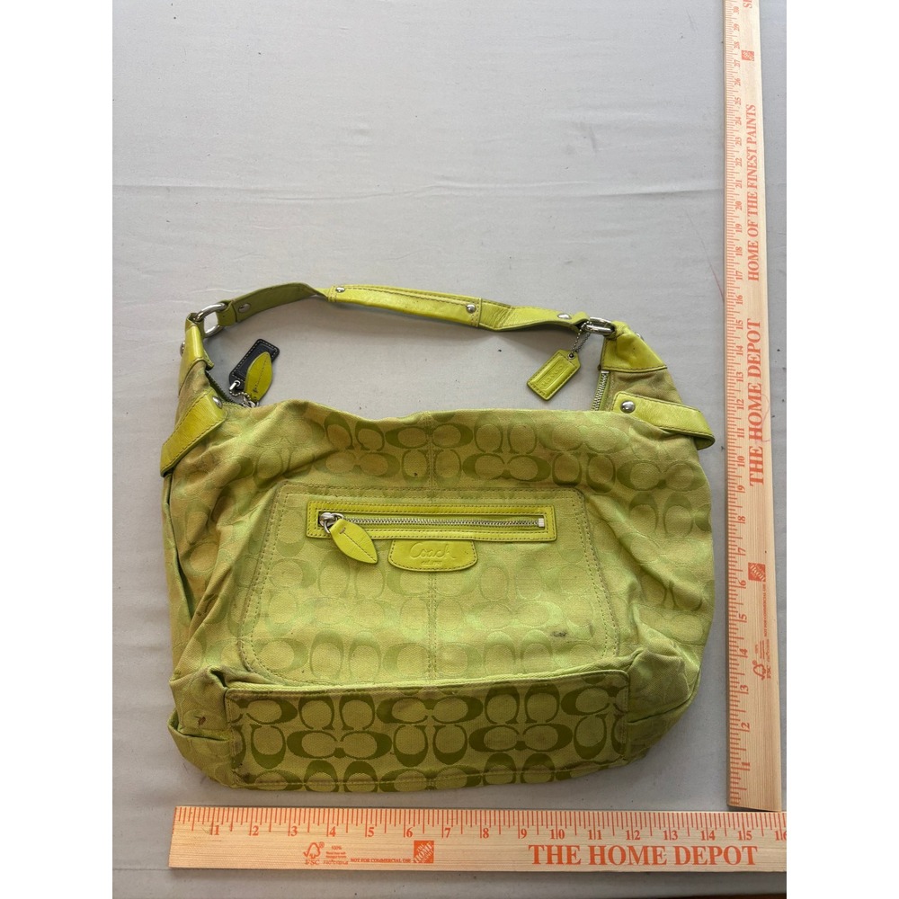 Coach Signature Jacquard Hobo Bag Lime Green Leather Trim Silver Hardware Y2K